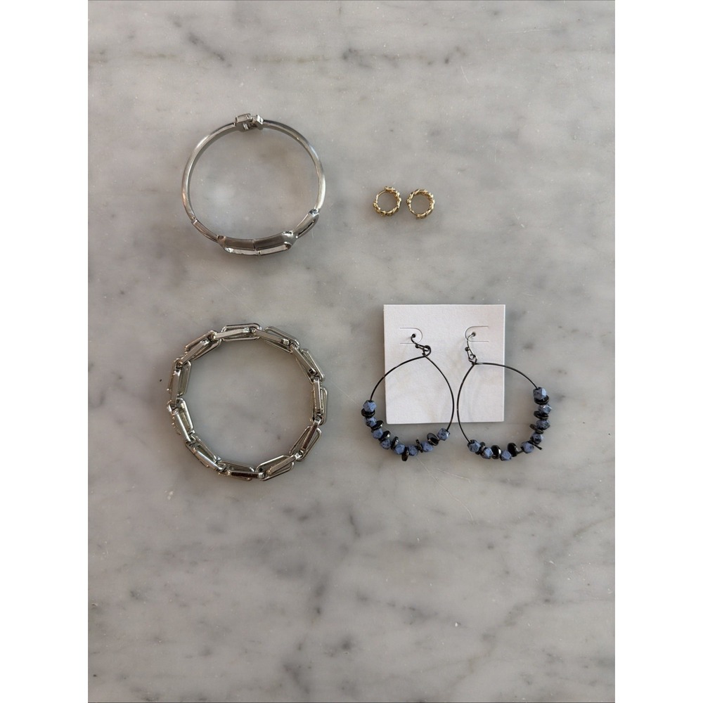 Marlyn Schiff Jewelry Lot 4 Pc Bracelets & Hoop Earrings Silver Gold Tone